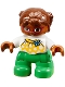 Minifig No: 47205pb039  Name: Duplo Figure Lego Ville, Child Girl, Bright Green Legs, White Top with Yellow Pattern and Blue Bow, Brown Hair, Brown Head, Magenta Glasses