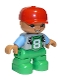 Lot ID: 372680132  Minifig No: 47205pb043a  Name: Duplo Figure Lego Ville, Child Boy, Bright Green Legs, Light Bluish Gray Top with '8' Pattern, Medium Blue Arms, Red Cap, Oval Eyes
