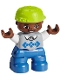 Minifig No: 47205pb044  Name: Duplo Figure Lego Ville, Child Boy, Blue Legs, Light Bluish Gray Sweater, White Arms, Lime Cap