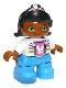 Minifig No: 47205pb045  Name: Duplo Figure Lego Ville, Child Girl, Dark Azure Legs, White Top with Dark Pink Undershirt with Bunny Rabbit Head, Black Hair with Dark Pink Band, Green Eyes (6174731, 6228497)