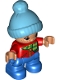 Lot ID: 394764303  Minifig No: 47205pb051  Name: Duplo Figure Lego Ville, Child Boy, Blue Legs, Red Top with Scarf and Zipper Pattern, Freckles, Brown Eyes, Medium Azure Bobble Cap (6228502)