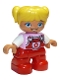 Lot ID: 382904488  Minifig No: 47205pb053  Name: Duplo Figure Lego Ville, Child Girl, Red Legs, Bright Pink Top with Flower on Pocket, White Arms, Yellow Hair (6188842)
