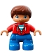 Minifig No: 47205pb056  Name: Duplo Figure Lego Ville, Child Boy, Blue Legs, Red Top with Zipper and Pockets, Reddish Brown Hair