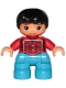 Lot ID: 391880038  Minifig No: 47205pb058  Name: Duplo Figure Lego Ville, Child Boy, Dark Azure Legs, Red Checkered Shirt with Suspenders, Black Hair
