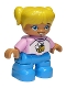 Lot ID: 391879288  Minifig No: 47205pb059  Name: Duplo Figure Lego Ville, Child Girl, Dark Azure Legs, White and Bright Pink Top with Bee, Yellow Hair with Pigtails