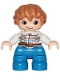 Lot ID: 381542513  Minifig No: 47205pb062  Name: Duplo Figure Lego Ville, Child Boy, Blue Legs, White Checkered Shirt with Belt, Medium Nougat Hair