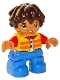 Lot ID: 325407538  Minifig No: 47205pb066  Name: Duplo Figure Lego Ville, Child Boy, Blue Legs, Yellow Vest, Red Arms, Reddish Brown Hair (6265055)