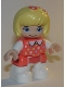 Lot ID: 366639571  Minifig No: 47205pb070  Name: Duplo Figure Lego Ville, Child Girl, White Legs, Coral Top with Polka Dots Pattern, White Arms, Bright Light Yellow Hair with Bow