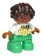 Minifig No: 47205pb076  Name: Duplo Figure Lego Ville, Child Girl, Bright Green Legs, White Top with Yellow Pattern and Blue Bow, Dark Brown Wavy Hair, Magenta Glasses (6295446)