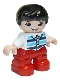 Lot ID: 279364202  Minifig No: 47205pb077  Name: Duplo Figure Lego Ville, Child Boy, Red Legs, White Top with Medium Azure and Dark Blue Stripes, Black Hair