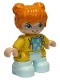 Lot ID: 294545878  Minifig No: 47205pb084  Name: Duplo Figure Lego Ville, Child Girl, Light Aqua Legs, Yellow Jacket with Medium Azure Top with Flowers, Orange Hair