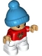 Minifig No: 47205pb093  Name: Duplo Figure Lego Ville, Child Boy, White Legs, Red Top with Deer Buck, Freckles, Reddish Brown Eyes, Dark Azure Bobble Cap (6397615)
