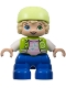 Minifig No: 47205pb098  Name: Duplo Figure Lego Ville, Child Boy, Blue Legs, Lime Jacket with White Sleeves, Bright Pink Shirt, Yellowish Green Bicycle Helmet (6424661)