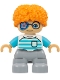 Minifig No: 47205pb121  Name: Duplo Figure Lego Ville, Child Boy, Light Bluish Gray Legs, White Shirt with Light Aqua and Medium Azure Stripes, Dark Blue Glasses, Coral and Dark Azure Eye Patch, Orange Hair (6533350)