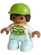 Minifig No: 47205pb125  Name: Duplo Figure Lego Ville, Child Boy, Light Aqua Legs, Bright Light Yellow Shirt with Train Pattern, Dark Brown Hair, Lime Cap (6488925)
