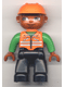 Lot ID: 370393831  Minifig No: 47394pb002  Name: Duplo Figure Lego Ville, Male, Black Legs, Orange Vest with Green Arms, Orange Construction Helmet