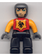 Minifig No: 47394pb004  Name: Duplo Figure Lego Ville, Male Castle, Black Legs, Red Chest, Bright Light Orange  Arms, Dark Bluish Gray Hands