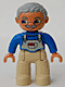Minifig No: 47394pb011a  Name: Duplo Figure Lego Ville, Male, Tan Legs, Blue Top with White Overalls Bib, Light Bluish Gray Hair