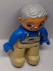 Minifig No: 47394pb011c  Name: Duplo Figure Lego Ville, Male, Tan Legs, Blue Top with White Overalls Bib, Blue Hands, Light Bluish Gray Hair