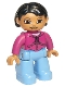 Lot ID: 28870878  Minifig No: 47394pb015  Name: Duplo Figure Lego Ville, Female, Medium Blue Legs, Magenta Top, Black Hair, Brown Eyes