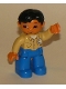 Minifig No: 47394pb023a  Name: Duplo Figure Lego Ville, Male, Blue Legs, Tan Top with Buttons and Rag in Pocket, Black Hair, Nougat Hands (Mechanic)
