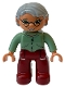 Minifig No: 47394pb030c  Name: Duplo Figure Lego Ville, Female, Dark Red Legs, Sand Green Sweater, Light Bluish Gray Hair, Green Eyes, Glasses