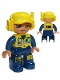 Lot ID: 405149502  Minifig No: 47394pb042  Name: Duplo Figure Lego Ville, Male, Dark Blue Legs & Jumpsuit with Yellow Vest, Radio, ID Badge, Yellow Cap with Headset, Slight Smile