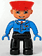 Minifig No: 47394pb046  Name: Duplo Figure Lego Ville, Male Train Conductor, Black Legs, Blue Jacket with Tie, Blue Hands, Red Hat, Smile with Teeth