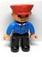 Minifig No: 47394pb046a  Name: Duplo Figure Lego Ville, Male Train Conductor, Black Legs, Blue Jacket with Tie, Nougat Hands, Red Hat, Smile with Teeth