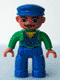 Minifig No: 47394pb048  Name: Duplo Figure Lego Ville, Male, Blue Legs, Green Top with Yellow Scarf, Blue Cap, Curly Moustache (Train Engineer)