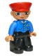 Minifig No: 47394pb051a  Name: Duplo Figure Lego Ville, Male Train Conductor, Red Hat, Smile with Closed Mouth, Blue Jacket with Yellow and Blue Tie, Black Legs