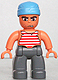 Minifig No: 47394pb060  Name: Duplo Figure Lego Ville, Male Pirate, Dark Bluish Gray Legs, Red and White White Striped Top, Medium Blue Cloth Wrap (Pirate)