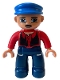 Minifig No: 47394pb062a  Name: Duplo Figure Lego Ville, Male, Dark Blue Legs, Red Top with Black Vest, Nougat Hands, Blue Cap, Blue Eyes, Moustache