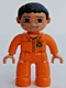 Minifig No: 47394pb073  Name: Duplo Figure Lego Ville, Male, Orange Legs, Nougat Hands, Orange Top with Recycle Logo, Black Hair, Blue Eyes