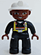 Minifig No: 47394pb076 Name: Duplo Figure Lego Ville, Male Fireman, Black Legs, Brown Hands, White Helmet, Brown Face Minifig No: 47394pb076 Name: Duplo Figure Lego Ville, Male Fireman, Black Legs, Brown Hands, White Helmet, Brown Face