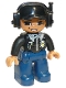 Minifig No: 47394pb081  Name: Duplo Figure Lego Ville, Male Police, Black Cap with Headset, Light Nougat Head and Hands, Black Shirt with Badge, Dark Blue Legs