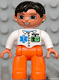 Lot ID: 221070833  Minifig No: 47394pb086  Name: Duplo Figure Lego Ville, Male Medic, Orange Legs, White Top with ID Badge and EMT Star of Life Pattern, Black Hair, Brown Eyes