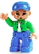 Lot ID: 30348800  Minifig No: 47394pb087  Name: Duplo Figure Lego Ville, Male, Blue Legs, Bright Green Top with White Undershirt, Blue Cap