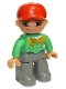 Minifig No: 47394pb101  Name: Duplo Figure Lego Ville, Male, Dark Bluish Gray Legs, Bright Green Button Down Shirt, Red Cap, Brown Eyes, Open Mouth Smile (Mechanic)