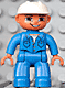Lot ID: 314703613  Minifig No: 47394pb105  Name: Duplo Figure Lego Ville, Male, Blue Legs, Blue Top with Pockets, White Construction Helmet, Brown Eyes and Open Mouth Smile