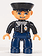 Minifig No: 47394pb107  Name: Duplo Figure Lego Ville, Male Police, Dark Blue Legs, Black Top with Badge, Black Arms, Black Hat, Blue Eyes