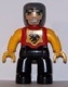 Minifig No: 47394pb112  Name: Duplo Figure Lego Ville, Male Castle, Black Legs, Red Chest with Dragon Emblem, Bright Light Orange Arms and Hands, Lefty Smile