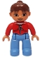 Minifig No: 47394pb114a  Name: Duplo Figure Lego Ville, Female, Medium Blue Legs, Red Jacket with White Zipper and Pockets, Reddish Brown Ponytail Hair