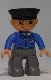 Minifig No: 47394pb117  Name: Duplo Figure Lego Ville, Male Post Office, Dark Bluish Gray Legs, Blue Jacket with Mail Horn, Black Police Hat, Smile with Teeth