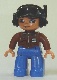 Lot ID: 273426699  Minifig No: 47394pb121  Name: Duplo Figure Lego Ville, Male, Blue Legs, Brown Top with ID Badge, Black Cap with Headset