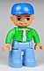Lot ID: 400186322  Minifig No: 47394pb127  Name: Duplo Figure Lego Ville, Male, Medium Blue Legs, Bright Green Top with White Undershirt, Blue Cap