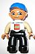 Minifig No: 47394pb136  Name: Duplo Figure Lego Ville, Male, Black Legs, White Top, Tan Arms, Blue Baseball Cap, LEGO Logo on Front - Lego Factory Hungary Promotional