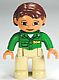 Minifig No: 47394pb144  Name: Duplo Figure Lego Ville, Female, Tan Legs, Green Top with 'ZOO' on Front and Back, Reddish Brown Hair, Brown Eyes (Zoo Worker)