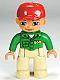 Minifig No: 47394pb145  Name: Duplo Figure Lego Ville, Male, Tan Legs, Green Top with 'ZOO' on Front and Back, Red Cap, Blue Eyes (Zoo Worker)