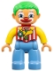 Lot ID: 180014494  Minifig No: 47394pb151  Name: Duplo Figure Lego Ville, Male Clown, Medium Blue Legs, Striped Jacket, Bow Tie, Green Hair